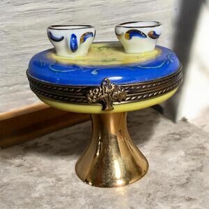 Authentic Limoges France Hand-Painted Trinket Box | Pedestal Table & Teacups